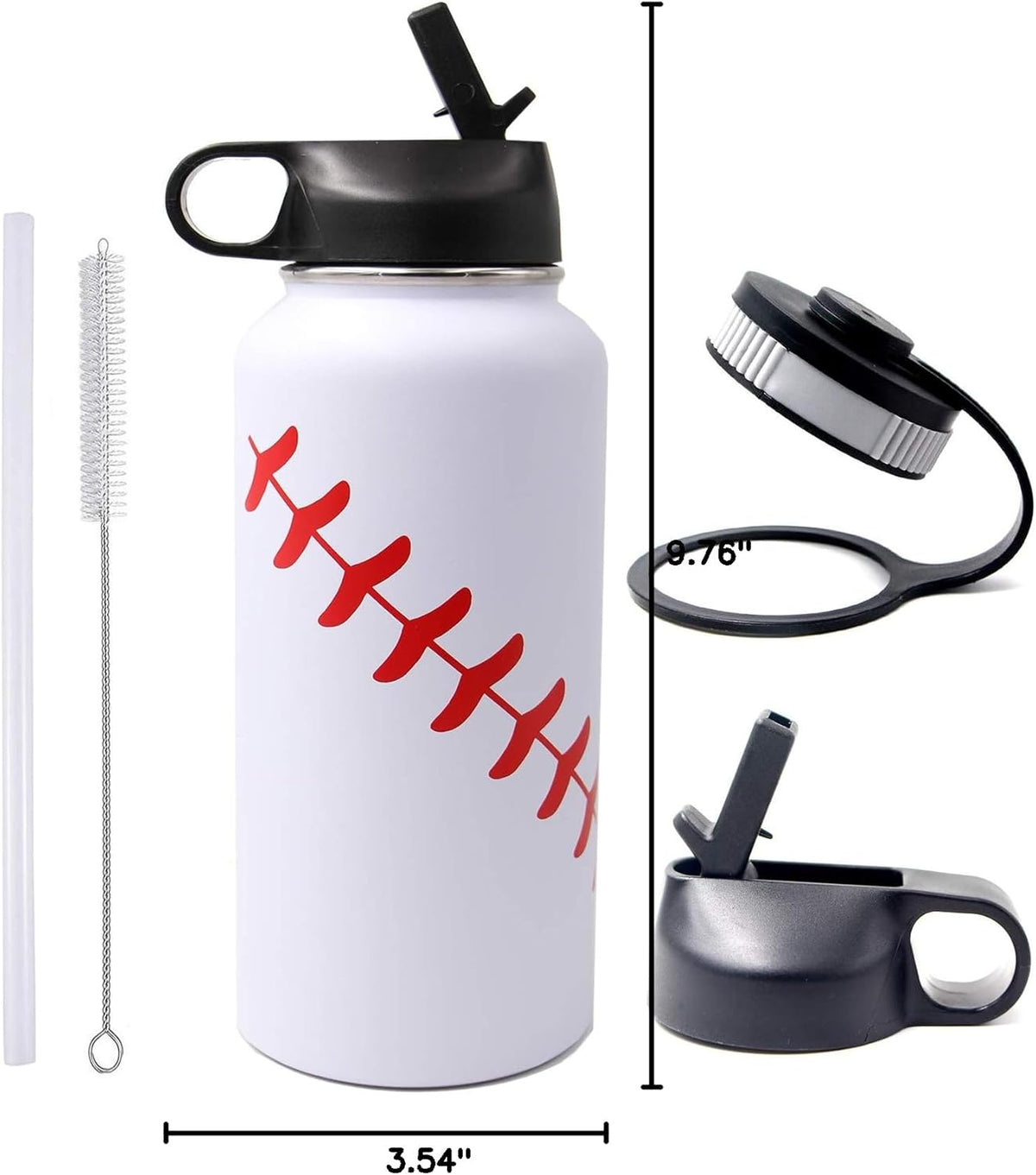 32 Oz Baseball Water Bottle, Stainless Steel Vacuum Insulated Water Bottle with Straw and 2 Lids, Double Wall Leakproof Sports Flask, Baseball Gifts for Boys, Men, Mom, Coach