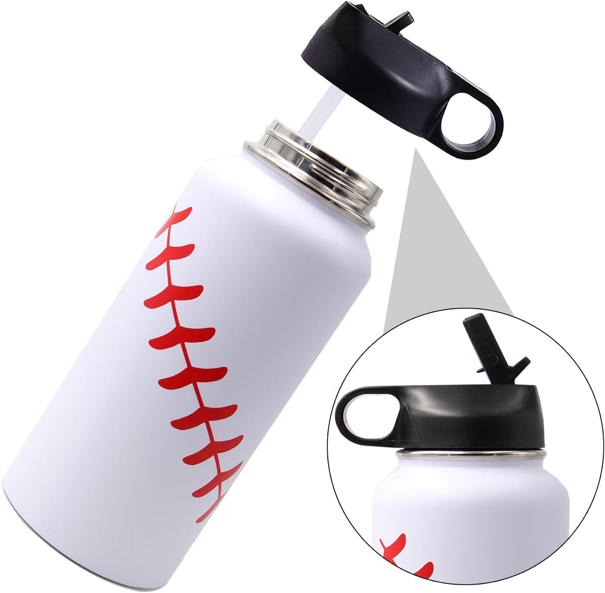 32 Oz Baseball Water Bottle, Stainless Steel Vacuum Insulated Water Bottle with Straw and 2 Lids, Double Wall Leakproof Sports Flask, Baseball Gifts for Boys, Men, Mom, Coach