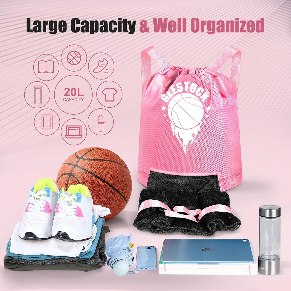 Swim Beach Sports Drawstring Backpack - Gym Bags with Shoes Compartment and Waterproof Pocket, with Mesh Ball Bag for Basketball, Volleyball & Swim Essentials, Beach Workout Bag for Kids, Pink