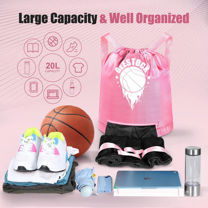 Swim Beach Sports Drawstring Backpack - Gym Bags with Shoes Compartment and Waterproof Pocket, with Mesh Ball Bag for Basketball, Volleyball & Swim Essentials, Beach Workout Bag for Kids, Pink