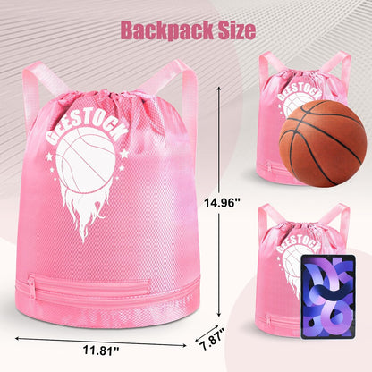 Swim Beach Sports Drawstring Backpack - Gym Bags with Shoes Compartment and Waterproof Pocket, with Mesh Ball Bag for Basketball, Volleyball & Swim Essentials, Beach Workout Bag for Kids, Pink