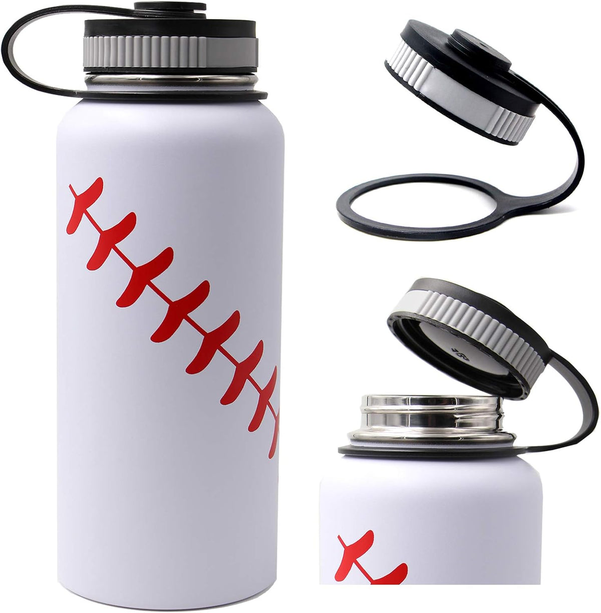 32 Oz Baseball Water Bottle, Stainless Steel Vacuum Insulated Water Bottle with Straw and 2 Lids, Double Wall Leakproof Sports Flask, Baseball Gifts for Boys, Men, Mom, Coach