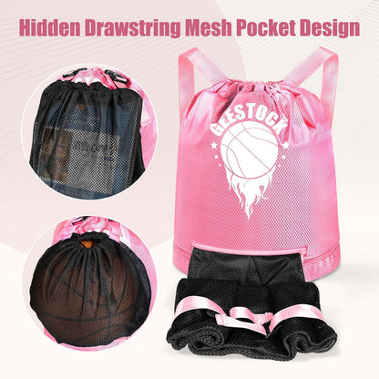 Swim Beach Sports Drawstring Backpack - Gym Bags with Shoes Compartment and Waterproof Pocket, with Mesh Ball Bag for Basketball, Volleyball & Swim Essentials, Beach Workout Bag for Kids, Pink
