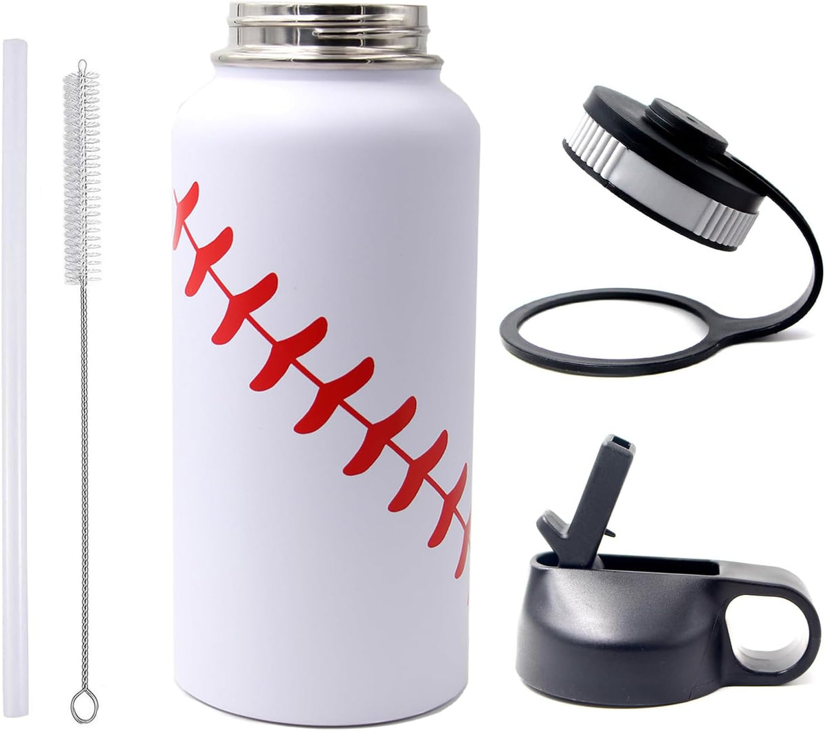 32 Oz Baseball Water Bottle, Stainless Steel Vacuum Insulated Water Bottle with Straw and 2 Lids, Double Wall Leakproof Sports Flask, Baseball Gifts for Boys, Men, Mom, Coach