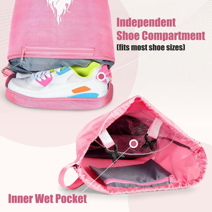 Swim Beach Sports Drawstring Backpack - Gym Bags with Shoes Compartment and Waterproof Pocket, with Mesh Ball Bag for Basketball, Volleyball & Swim Essentials, Beach Workout Bag for Kids, Pink