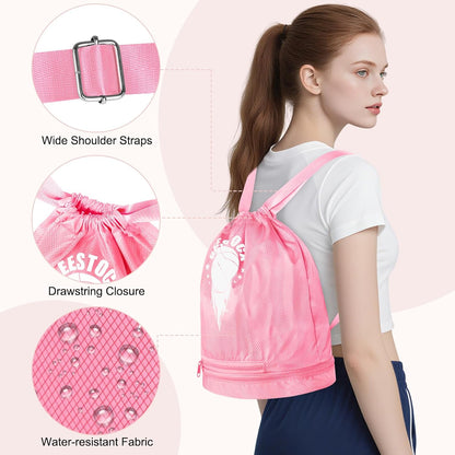 Swim Beach Sports Drawstring Backpack - Gym Bags with Shoes Compartment and Waterproof Pocket, with Mesh Ball Bag for Basketball, Volleyball & Swim Essentials, Beach Workout Bag for Kids, Pink