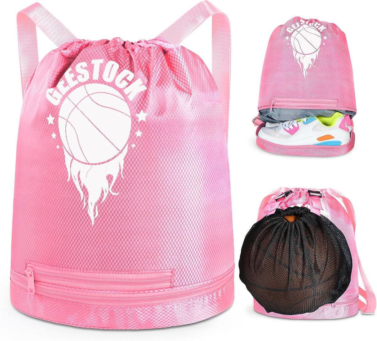 Swim Beach Sports Drawstring Backpack - Gym Bags with Shoes Compartment and Waterproof Pocket, with Mesh Ball Bag for Basketball, Volleyball & Swim Essentials, Beach Workout Bag for Kids, Pink