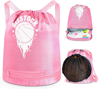 Swim Beach Sports Drawstring Backpack - Gym Bags with Shoes Compartment and Waterproof Pocket, with Mesh Ball Bag for Basketball, Volleyball & Swim Essentials, Beach Workout Bag for Kids, Pink