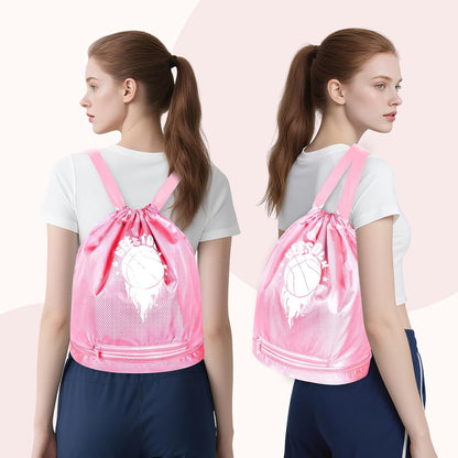 Swim Beach Sports Drawstring Backpack - Gym Bags with Shoes Compartment and Waterproof Pocket, with Mesh Ball Bag for Basketball, Volleyball & Swim Essentials, Beach Workout Bag for Kids, Pink
