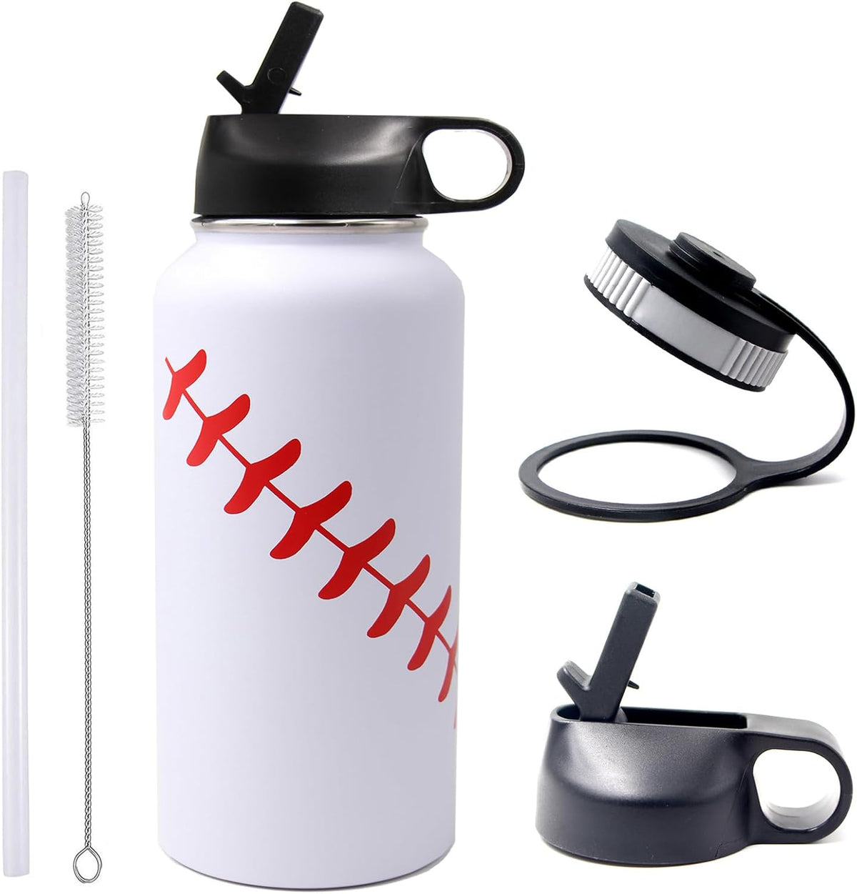 32 Oz Baseball Water Bottle, Stainless Steel Vacuum Insulated Water Bottle with Straw and 2 Lids, Double Wall Leakproof Sports Flask, Baseball Gifts for Boys, Men, Mom, Coach