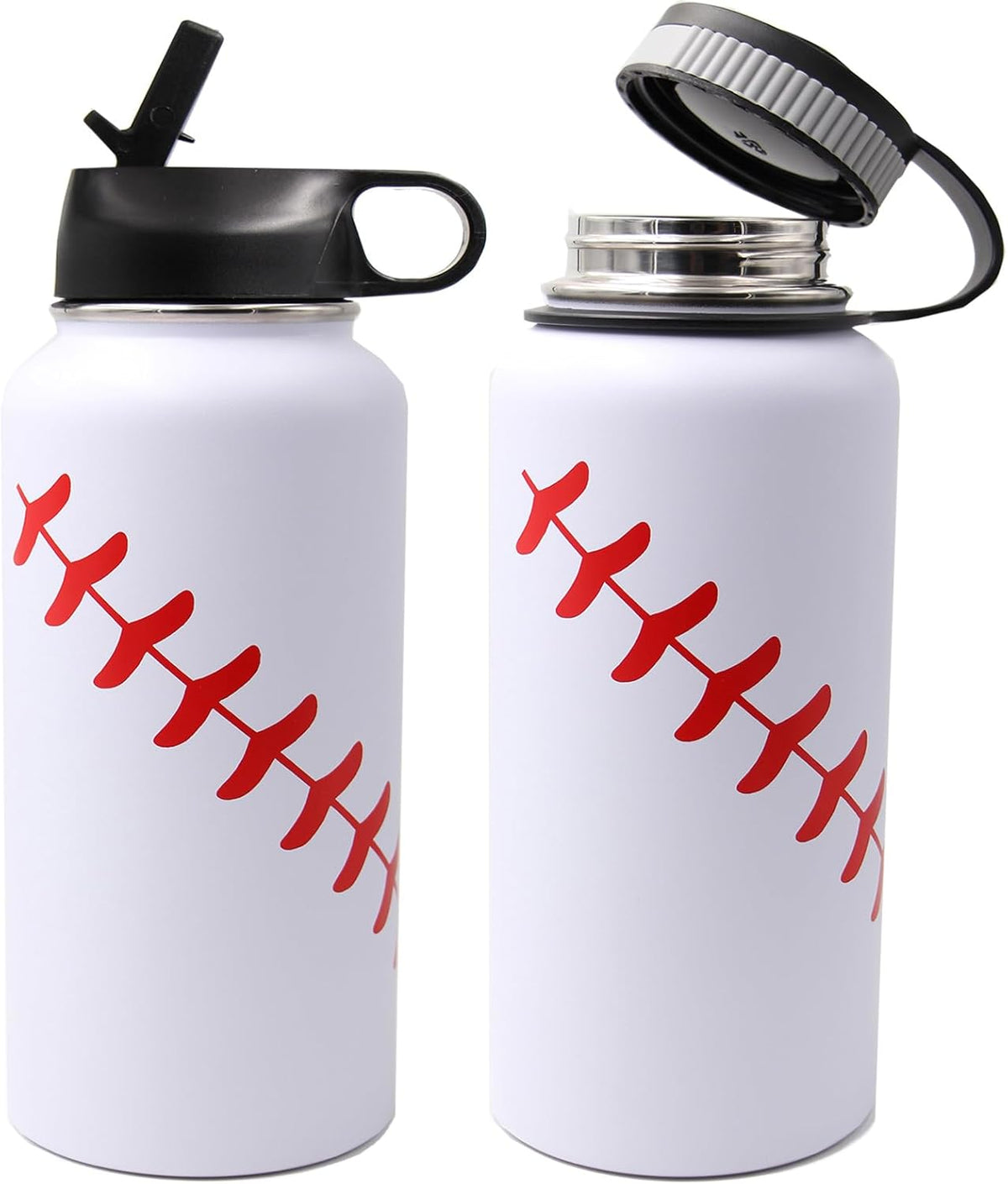 32 Oz Baseball Water Bottle, Stainless Steel Vacuum Insulated Water Bottle with Straw and 2 Lids, Double Wall Leakproof Sports Flask, Baseball Gifts for Boys, Men, Mom, Coach
